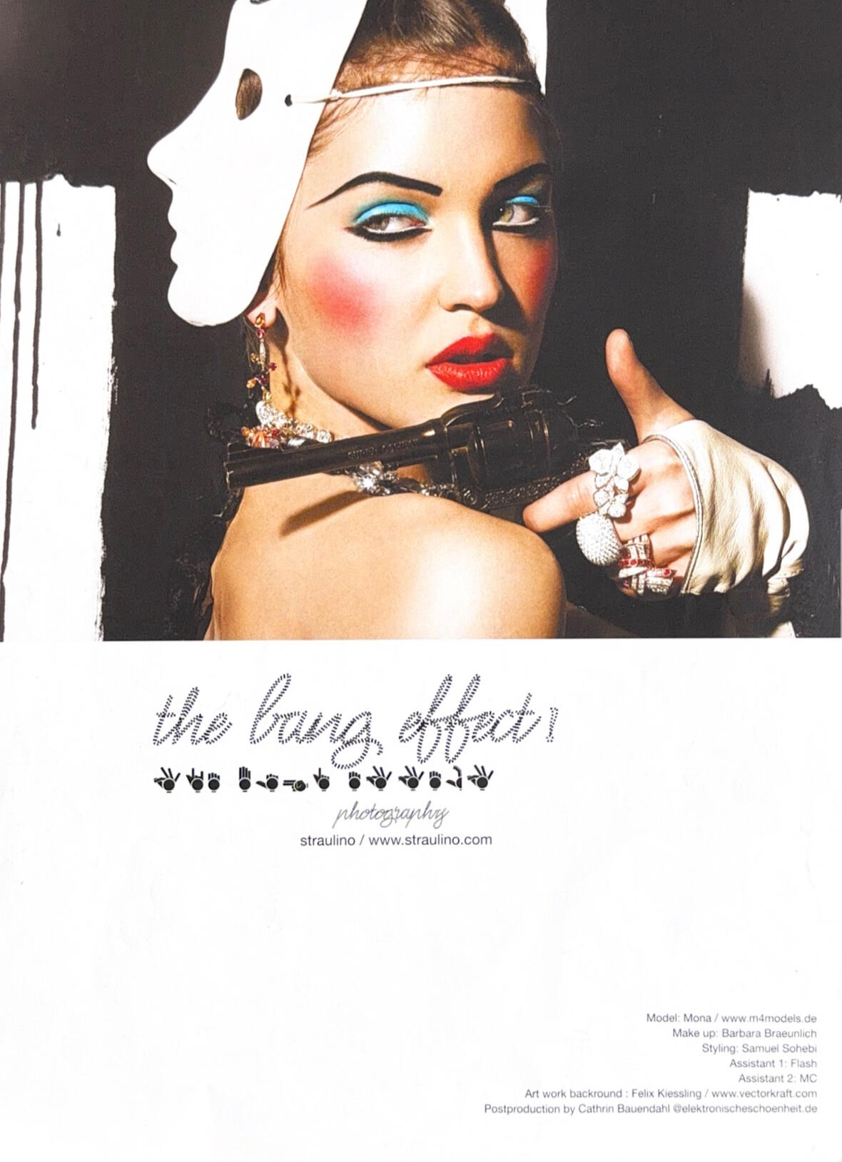 Credits page from the Clam Magazine (2008) fashion editorial listing the creative team, including styling by Samuel Sohebi, photography by Straulino Photography, model Mona (M4 Models), make-up by Barbara Braeunlich, artwork by Felix Kiessling and post-pro