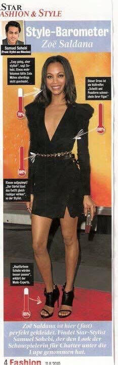 Zoe Saldana — red carpet styling analysis by Samuel Sohebi, featured in the “What’s Hot… What’s Not!” column, Chatter Magazine.