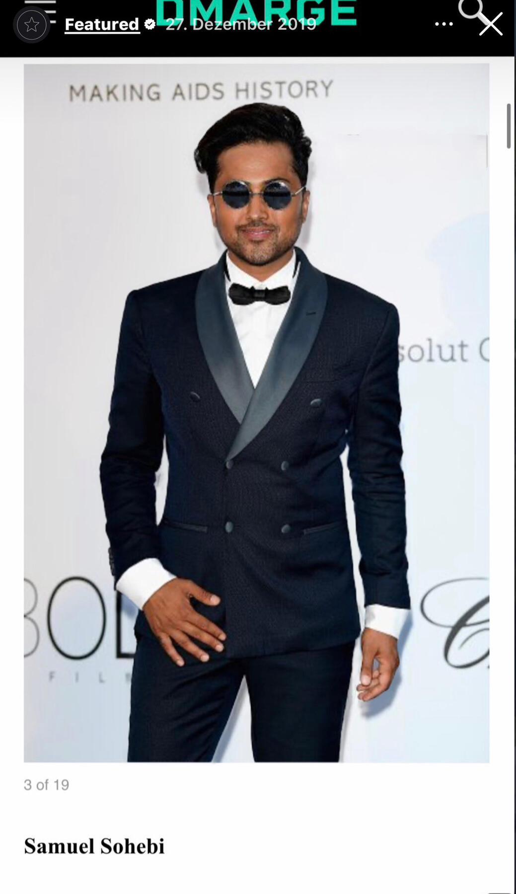 Samuel Sohebi attending the amfAR Gala at the Cannes Film Festival 2019, featured in DMARGE international media coverage