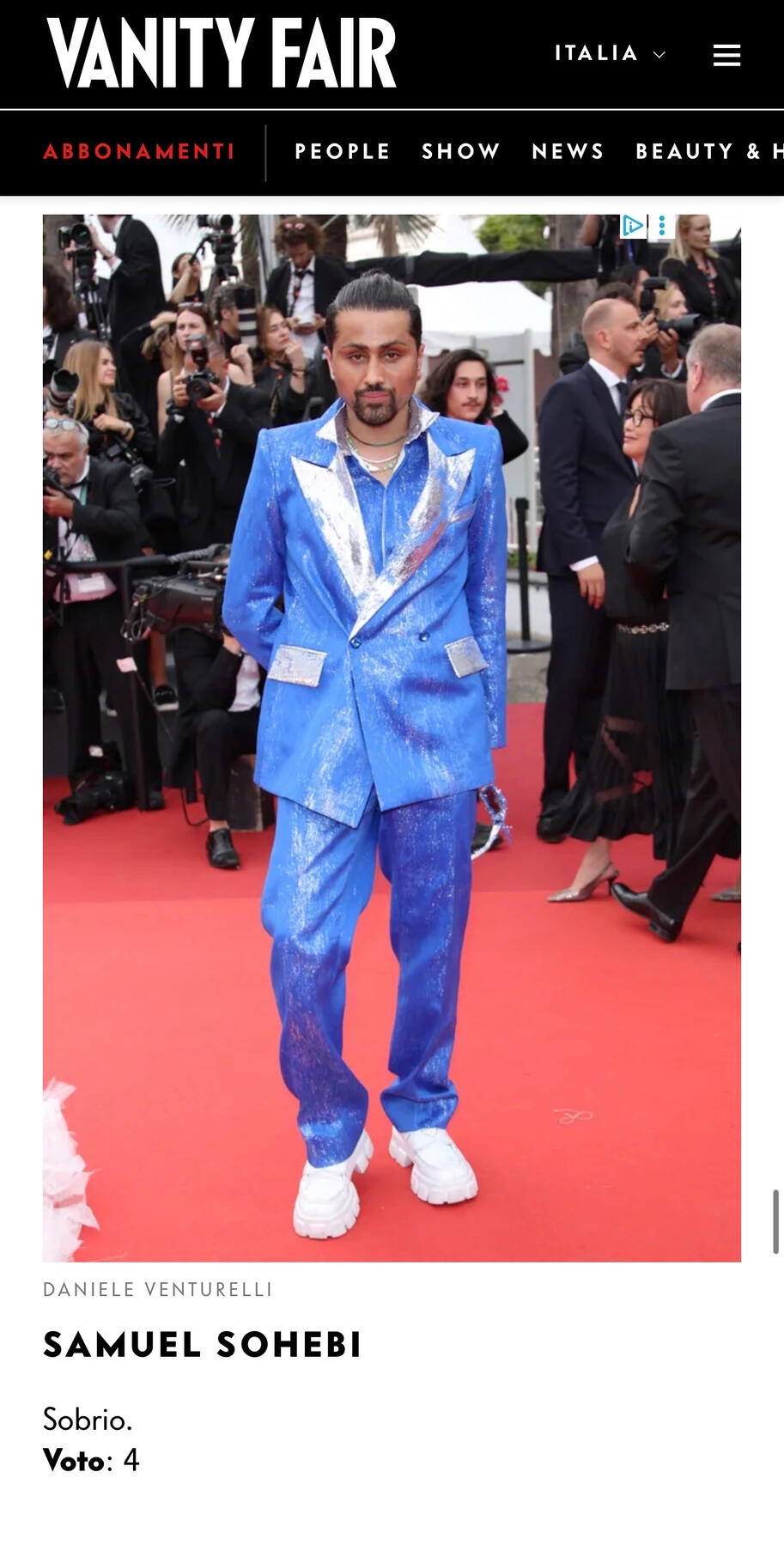Samuel Sohebi at the Cannes Film Festival 2023 opening ceremony red carpet, featured in Vanity Fair Italia