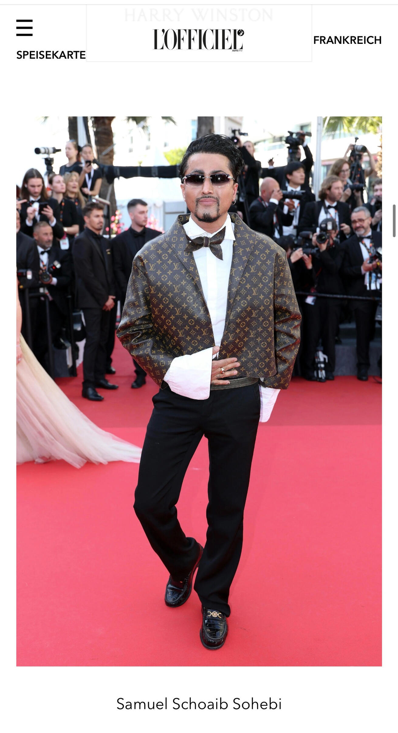 Samuel Sohebi attending the Cannes Film Festival 2025 red carpet in Cannes, France, featured by L’Officiel France for his men’s fashion appearance.