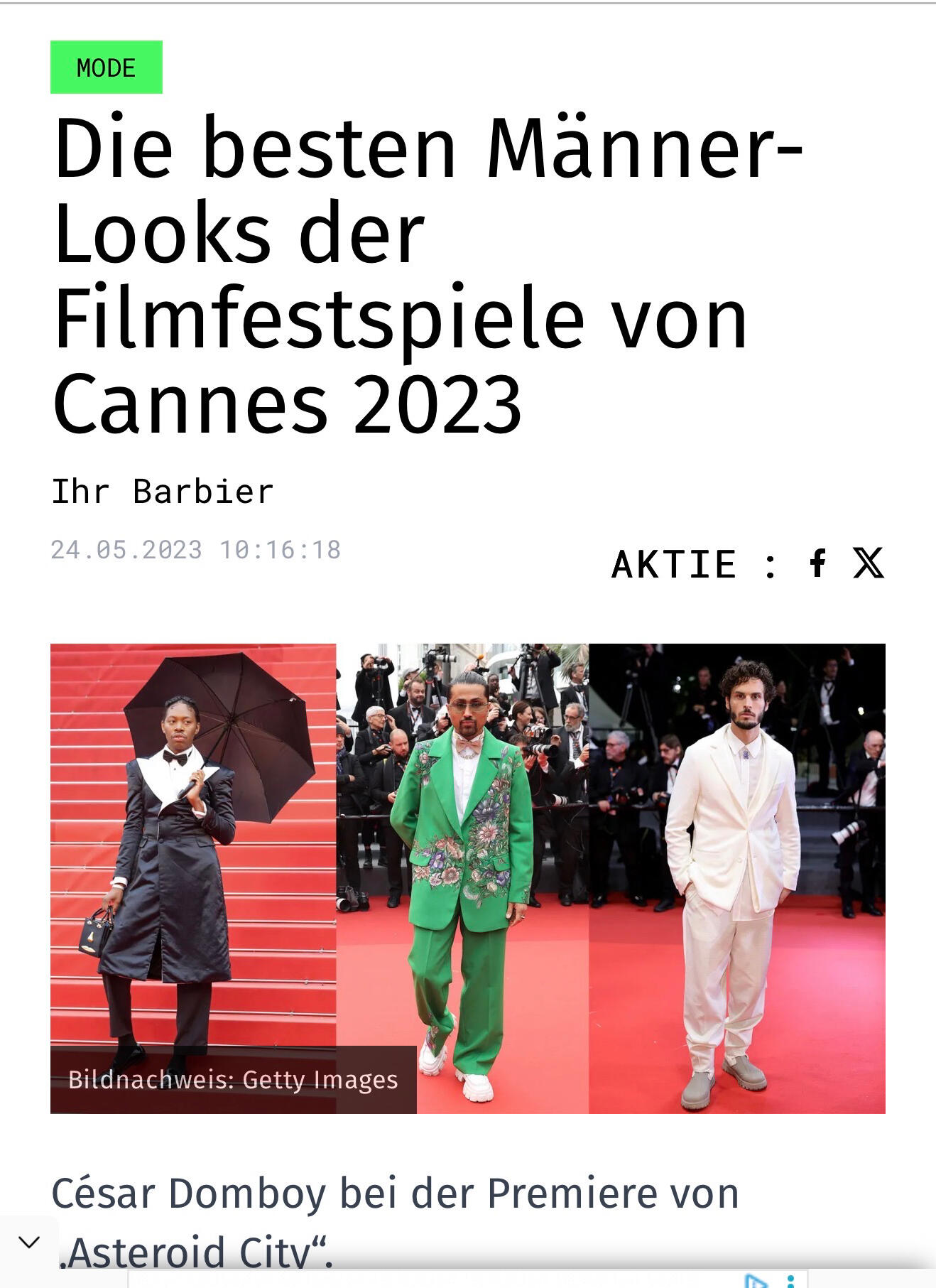 Samuel Sohebi on the red carpet at the Cannes Film Festival 2023 wearing a green embroidered suit, featured among best dressed men