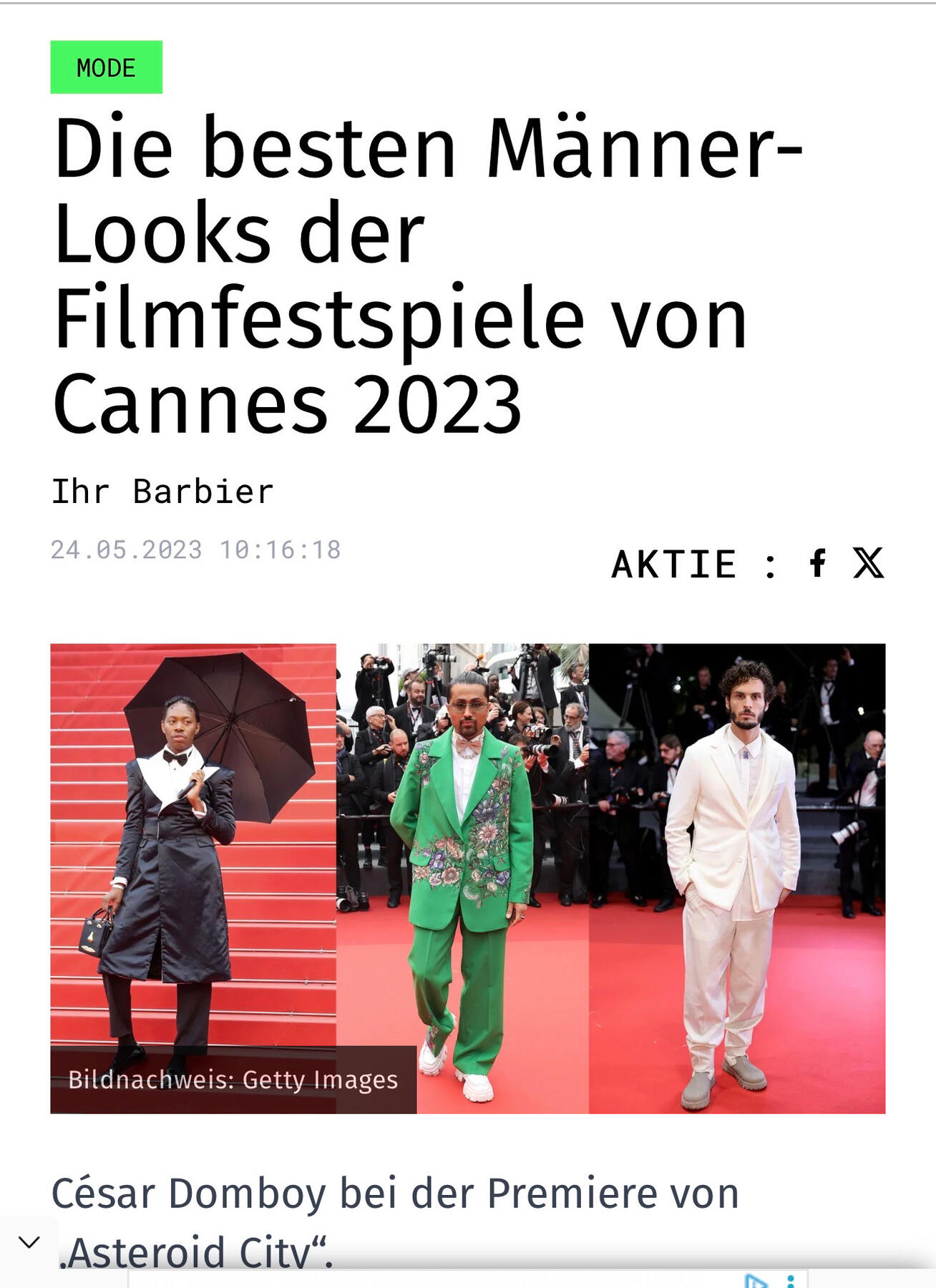 Samuel Sohebi on the red carpet at the Cannes Film Festival 2023 wearing a green embroidered suit, featured among best dressed men