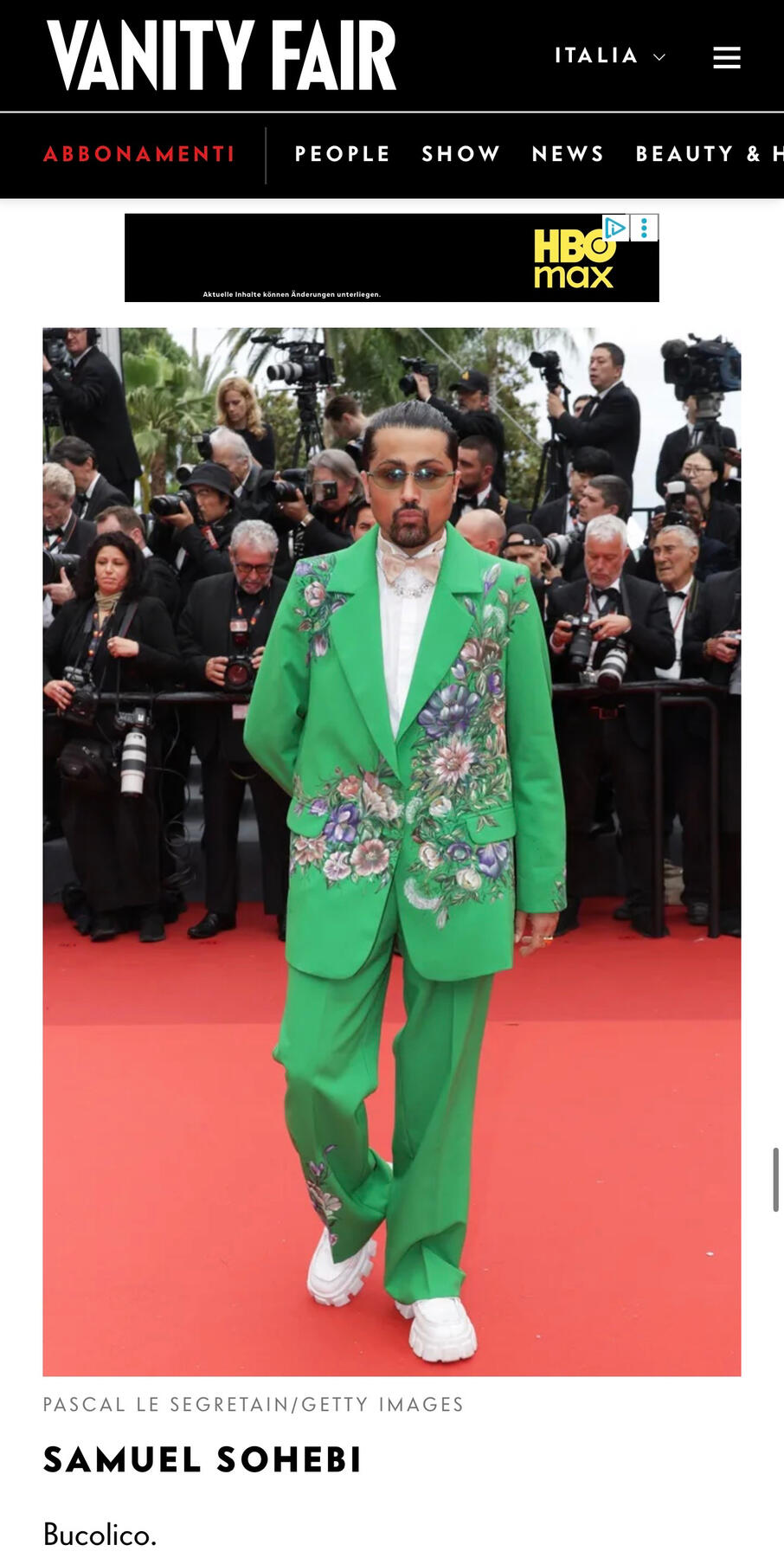 Samuel Sohebi — Cannes Film Festival red carpet appearance, featured in Vanity Fair Italia (2024), highlighting his presence at international high-profile events.