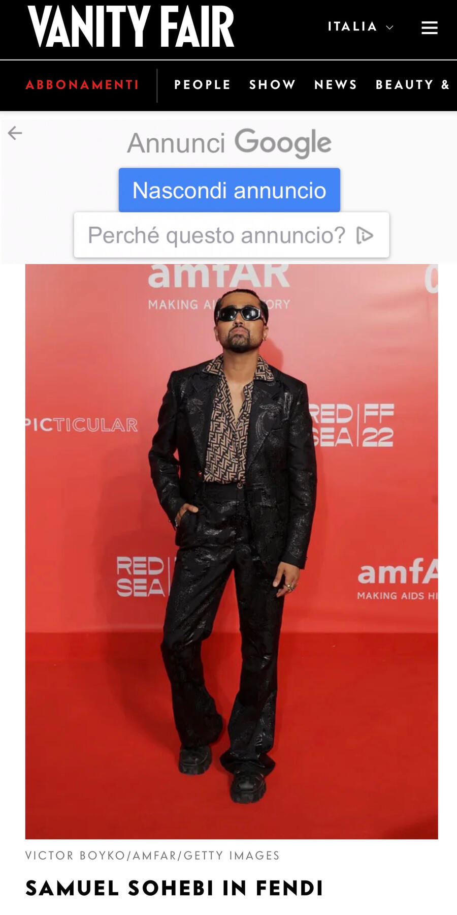 Samuel Sohebi — amfAR Gala red carpet appearance, featured in Vanity Fair Italia (2022), highlighting his presence at international high-profile events.