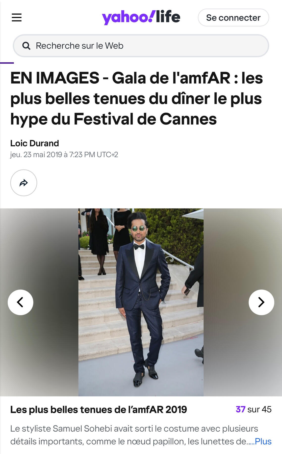 Samuel Sohebi at the amfAR Gala during the Cannes Film Festival, featured in Yahoo Style, 2019.