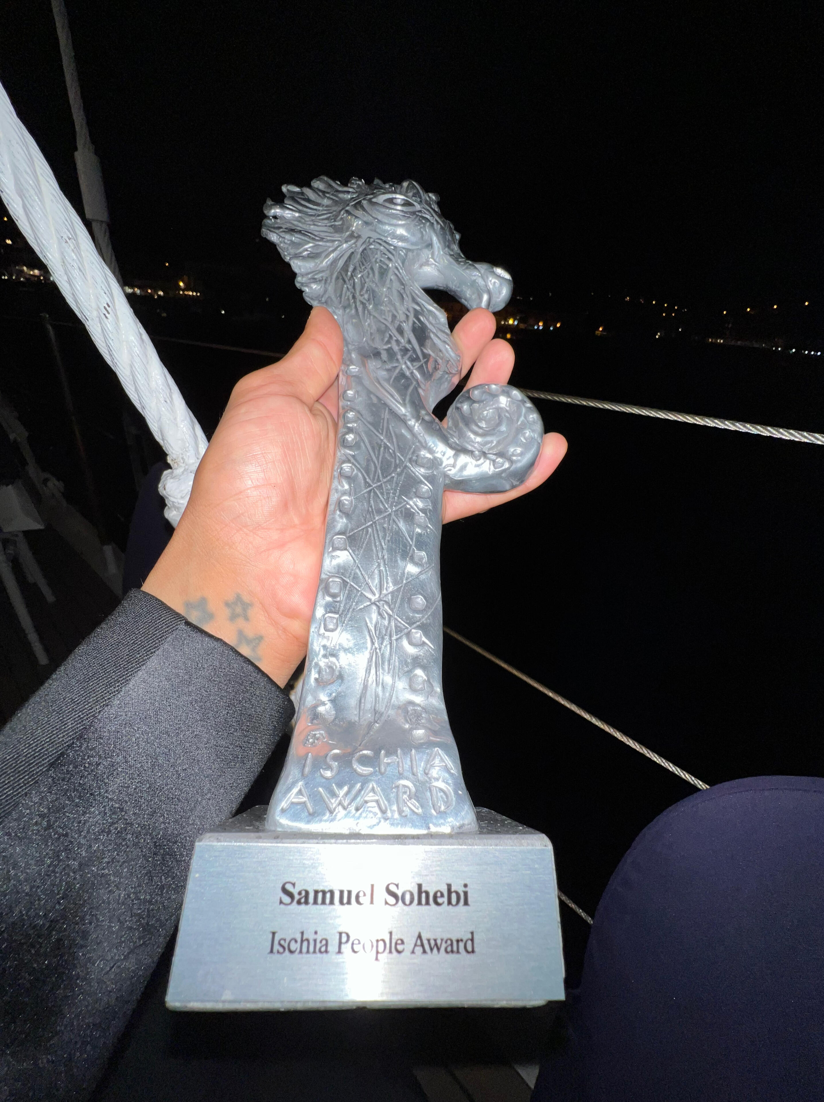 Samuel-Sohebi-Ischia-People-Award-2022-Lacco-Ameno.jpg Samuel Sohebi holding the Ischia People Award at the Ischia Global Film & Music Festival 2022 in Lacco Ameno, Italy