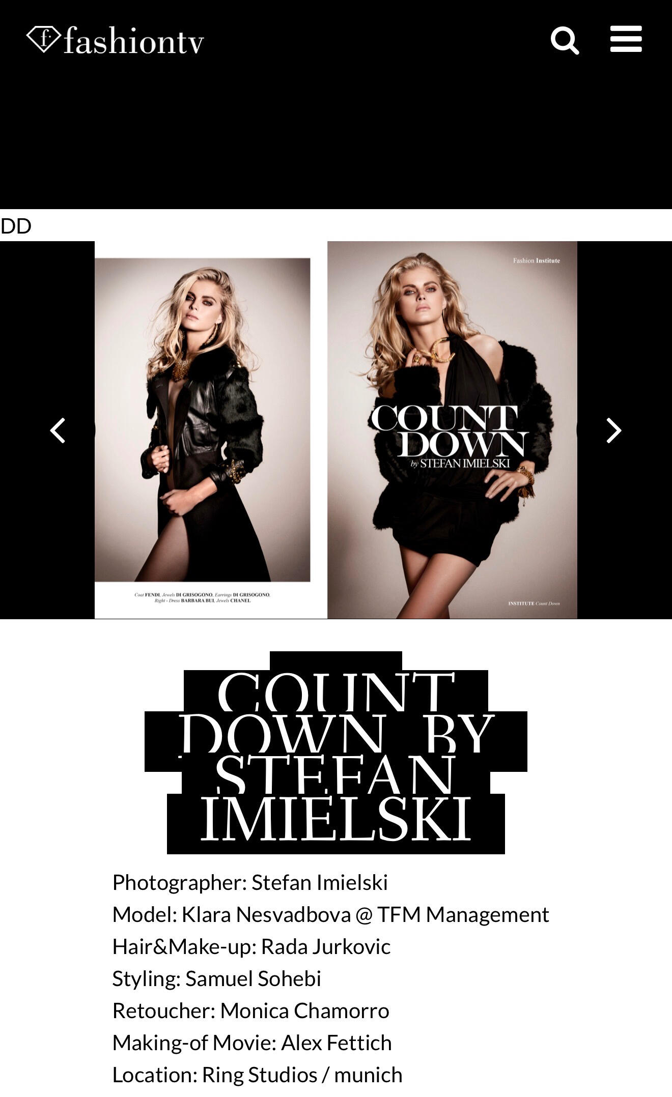 Samuel Sohebi credited as stylist in the FashionTV editorial “Count Down” by Stefan Imielski featuring model Klara Nesvadbova in a high-fashion studio production