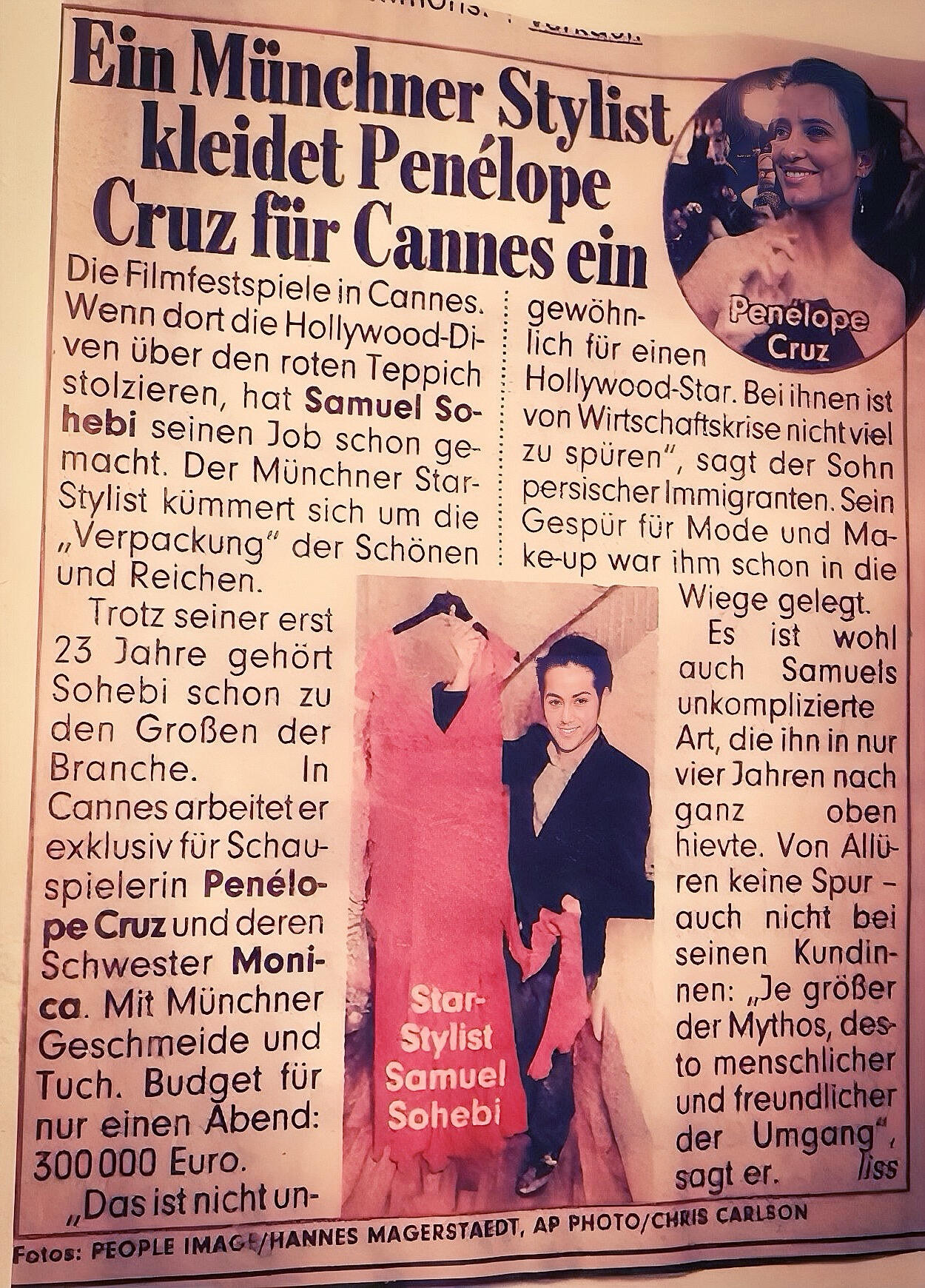 Samuel Schoaib Sohebi featured in press article styling Penélope Cruz for the Cannes Film Festival as an international celebrity stylist