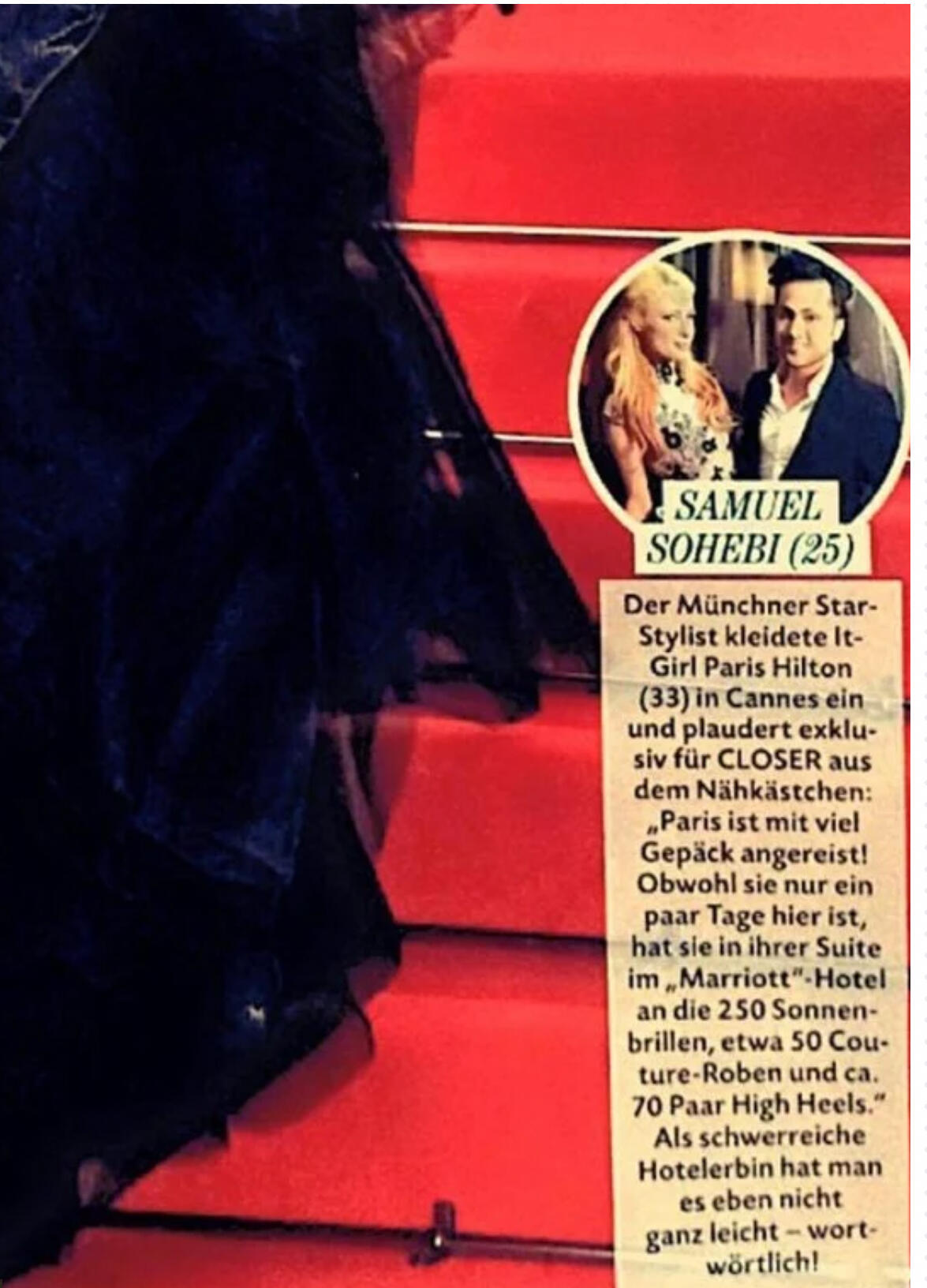 Samuel Sohebi featured in CLOSER magazine 2014 styling Paris Hilton at Cannes Film Festival as a celebrity stylist