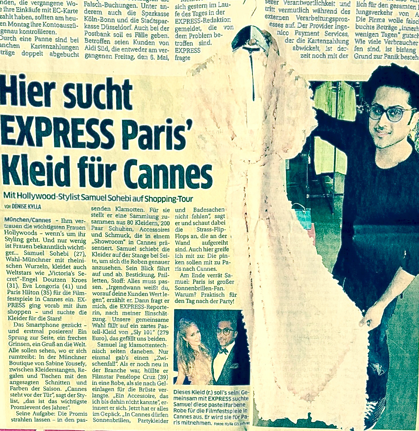 Samuel Schoaib Sohebi im Rahmen eines Berichts der EXPRESS-Zeitung über seine Tätigkeit als Stylist im Kontext internationaler Filmfestspiele in Cannes.