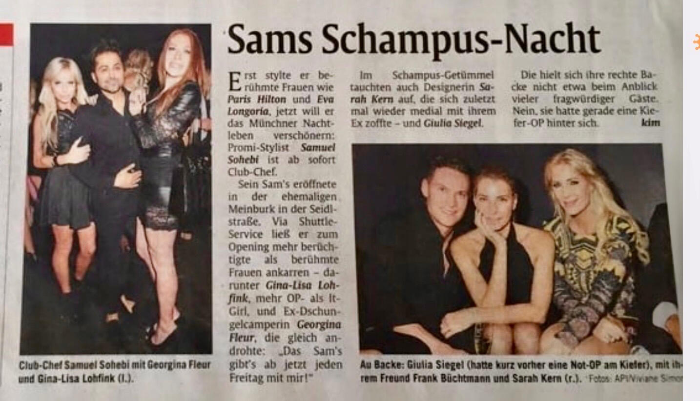 Samuel Schoaib Sohebi wird in der BILD-Zeitung im Rahmen eines Berichts über die Eröffnung seines Münchner Clubs „Sam’s“ als Club-Chef und Stylist gezeigt. Der Artikel verweist auf seine Arbeit mit Persönlichkeiten wie Paris Hilton und Eva Longoria sowie a