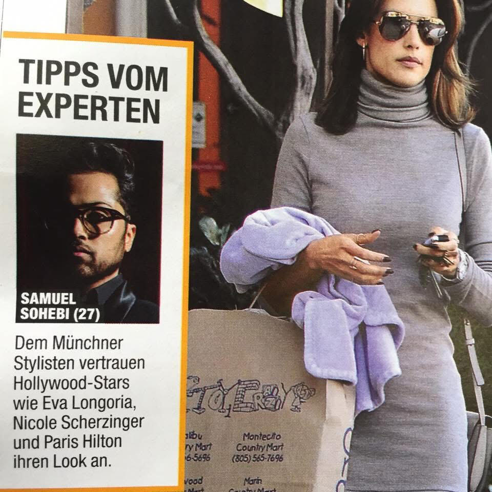 Samuel Sohebi als Mode-Experte im Magazin InTouch Style, vorgestellt als Stylist internationaler Persönlichkeiten wie Eva Longoria, Nicole Scherzinger und Paris Hilton.