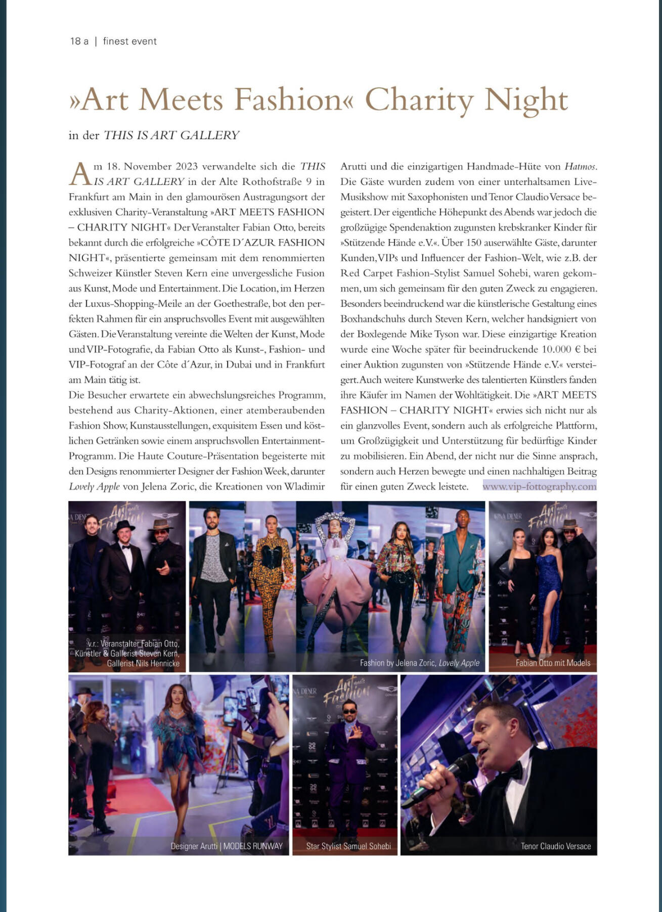 Samuel Sohebi at Art Meets Fashion Charity Night in Frankfurt, featured in Finest Magazine, appearing within an international fashion and charity event context.